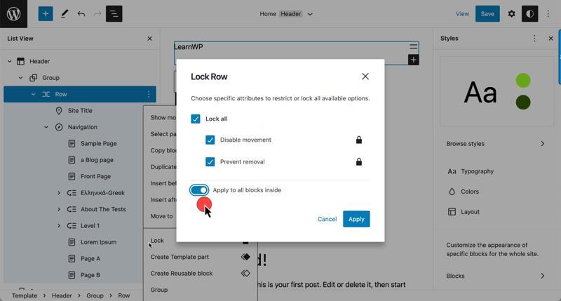 Site editor, List View displayed, Row selected with the additional options panel dropped down to select lock with the block locking modal displaying. At the bottom is the toggle to lock all.